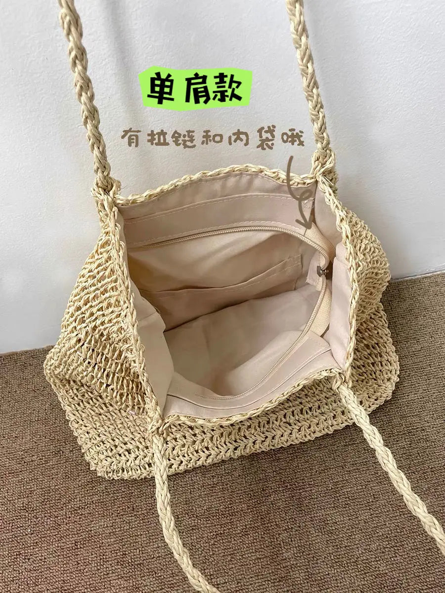 Sac à dos de plage Sanrio Hello Kitty, mignon, tissé à la main, grande capacité, en paille, style bohème, pour les vacances, les voyages, pour fille, cadeau d'anniversaire