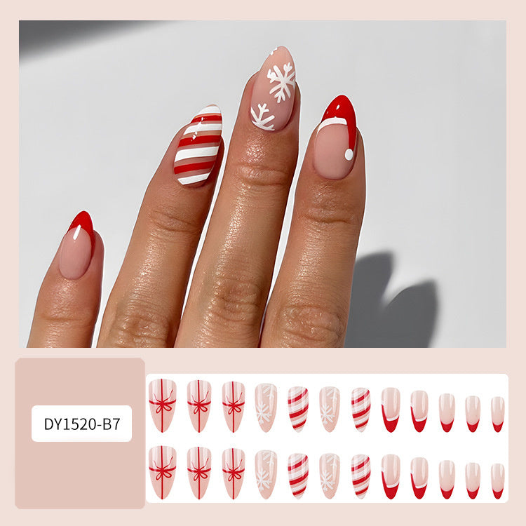 Lot de 24 faux ongles de Noël avec chapeau rayé et flocon de neige, autocollants pour nail art, pour fêtes, danses ou tenues de vacances