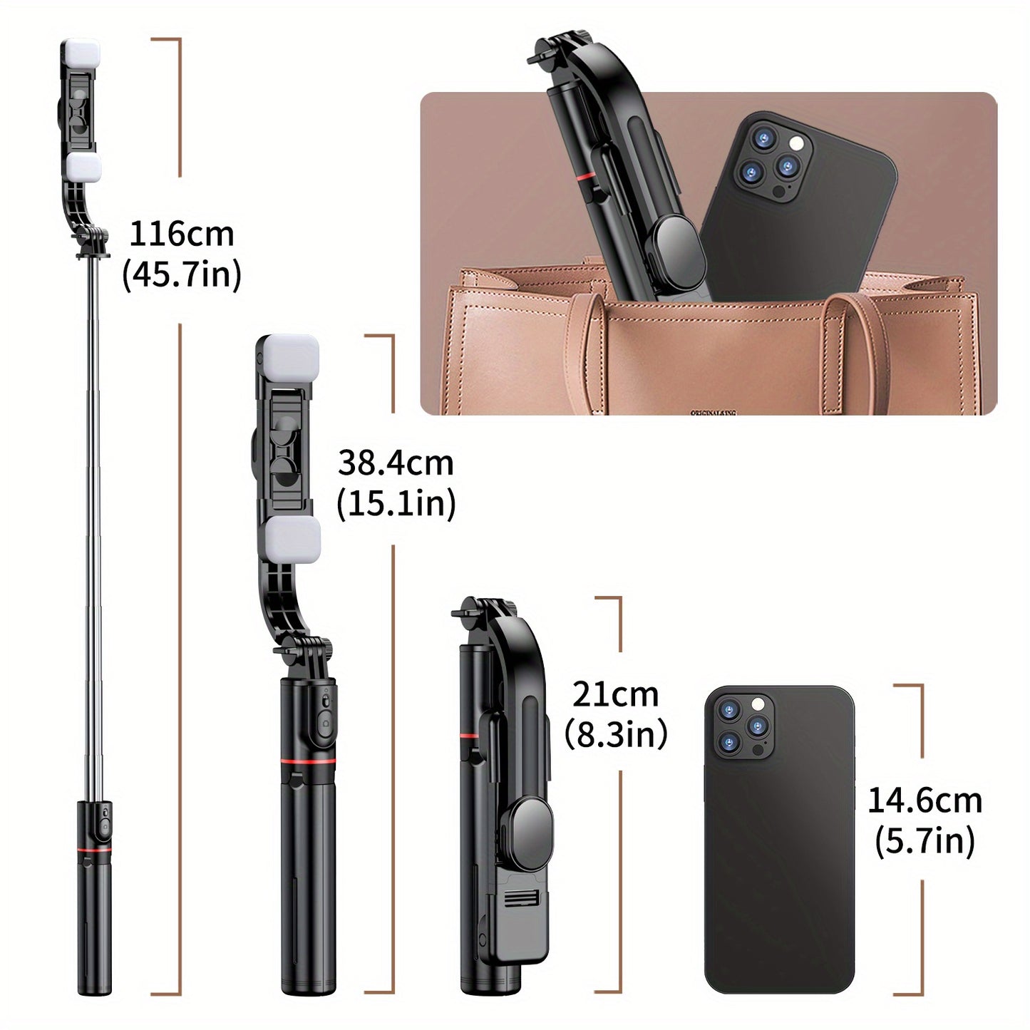 Trépied flexible extra long de 45 pouces pour téléphone, perche à selfie avec deux lumières de remplissage, trépied amélioré, télécommande amovible, compatible avec iPhone 14/14 Pro/13/13 Pro/12/12 Pro/11/11 Pro/XS Max/XS/XR/X/8/7 et smartphones Android.