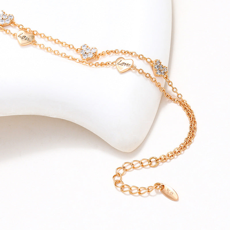 Bracelet en alliage plaqué or en forme de cœur, double couche, léger, luxueux et simple
