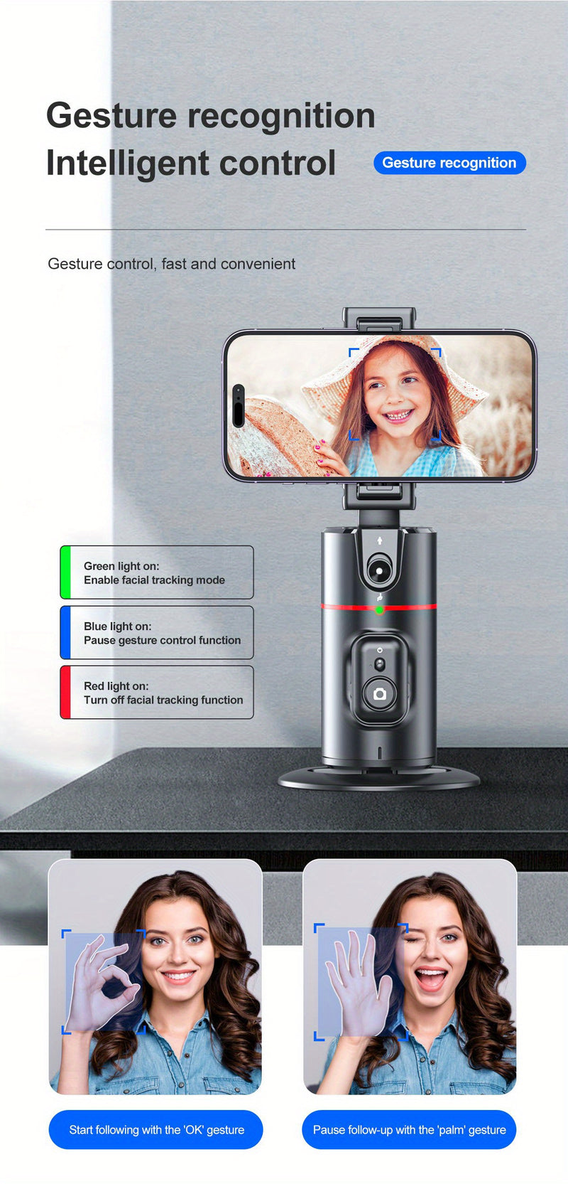 Trépied Auto Face Tracking – Votre Caméraman Personnel Support de caméra de téléphone 100 % intelligent, rotation à 360 °, support de suivi de téléphone intelligent avec contrôle gestuel à distance pour vlog, streaming, vidéo