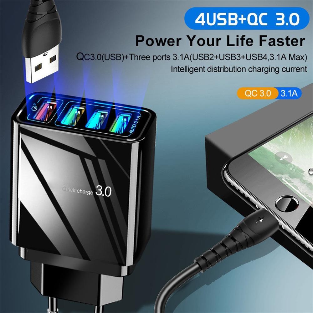 Chargeur de téléphone portable 4 USB éclairé, tête de charge 3 A