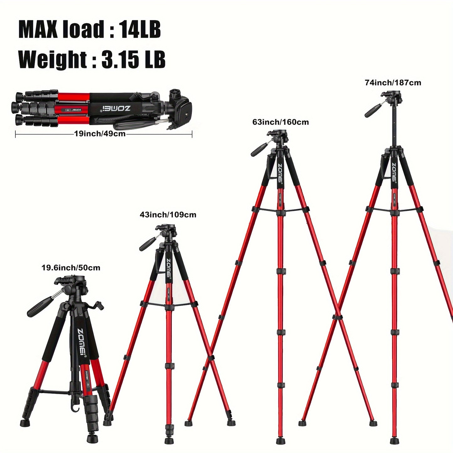 Trépied ZOMEI RED Q188 – Stabilité Pro, Polyvalence Totale pour Canon Nikon, Trépied pour Téléphone 74" Trépied Léger pour Appareil Photo Reflex Numérique avec Tête Amovible