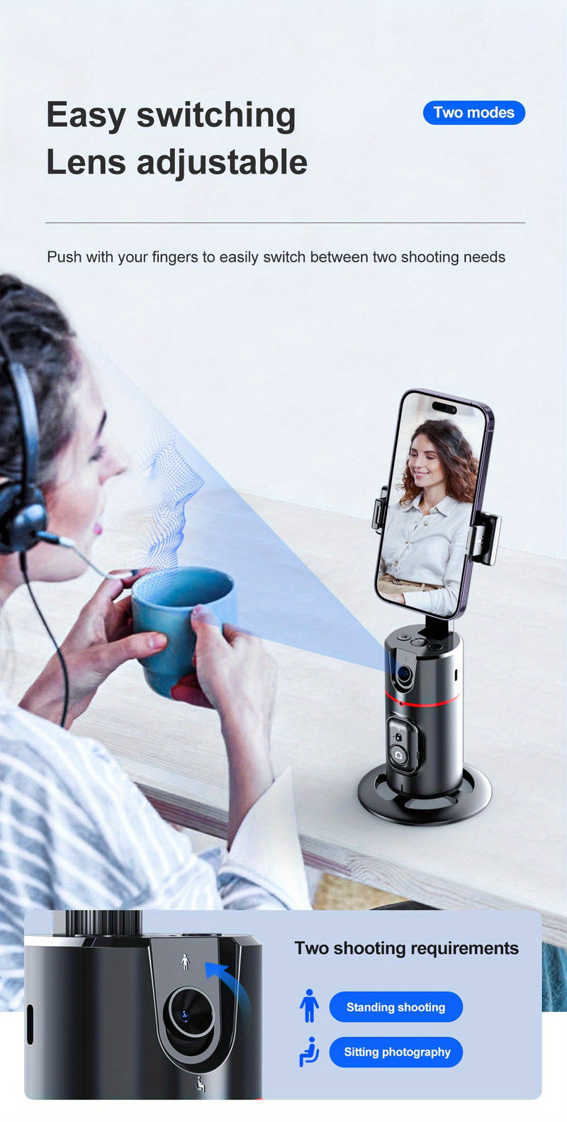 Trépied Auto Face Tracking – Votre Caméraman Personnel Support de caméra de téléphone 100 % intelligent, rotation à 360 °, support de suivi de téléphone intelligent avec contrôle gestuel à distance pour vlog, streaming, vidéo