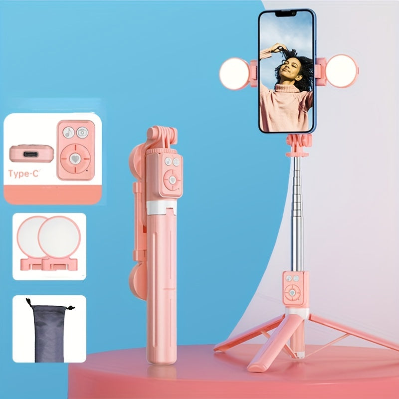 Perche à selfie télécommandée avec support pour téléphone portable, trépied de sol et éclairage de remplissage