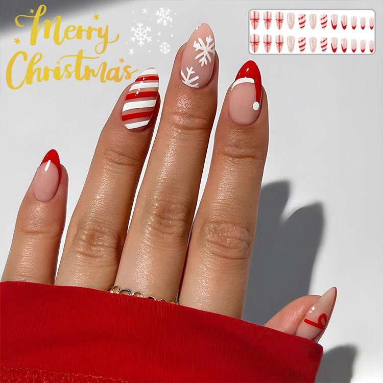 Lot de 24 faux ongles de Noël avec chapeau rayé et flocon de neige, autocollants pour nail art, pour fêtes, danses ou tenues de vacances