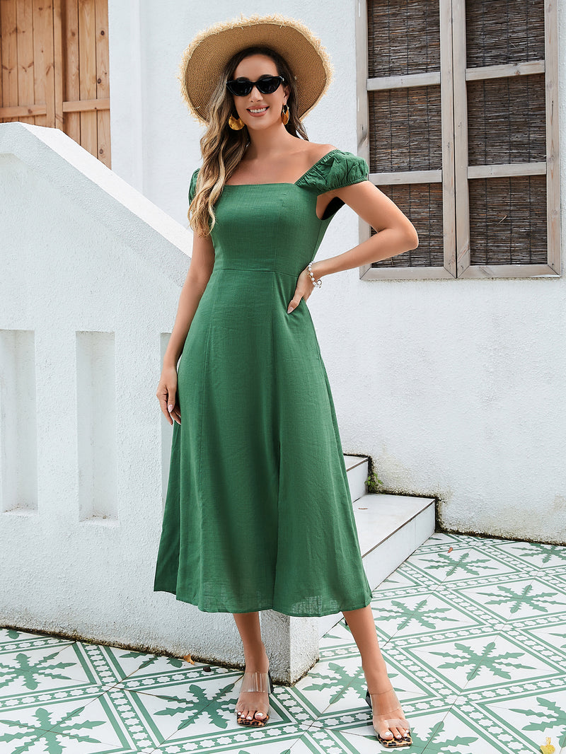 Robe mi-longue en lin et coton pour femme – Modèle polyvalent à épaules dénudées avec lien réglable au dos et ourlet fendu, en jaune, vert et orange