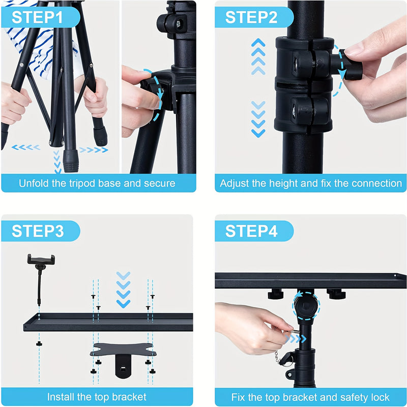 Trépied de projecteur réglable en hauteur (23,5" à 46,5") avec col de cygne et support pour téléphone et ordinateur portable.