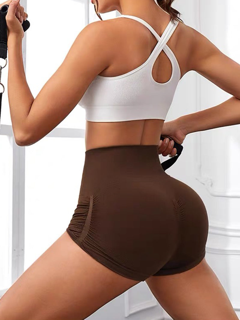Short d'entraînement pour femme, taille haute, effet froissé, effet lifting des fesses, pour le yoga, la gym, sans coutures