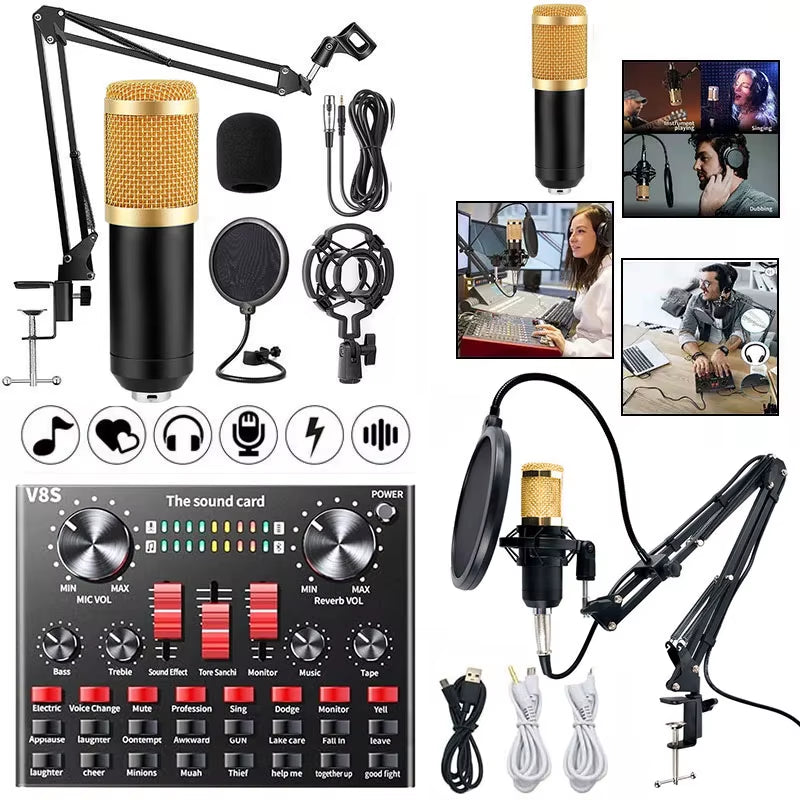 BM800 Xlr Microphone V8S Live Sound Card Podcast Condenser Microfone Para PC Professional Studio Record Equipment Kit Soundcard