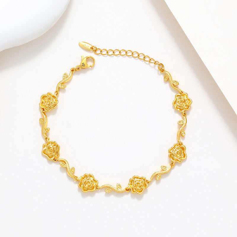 Bracelet en alliage de cuivre plaqué or avec branche de fleur givrée et rose romantique avancé