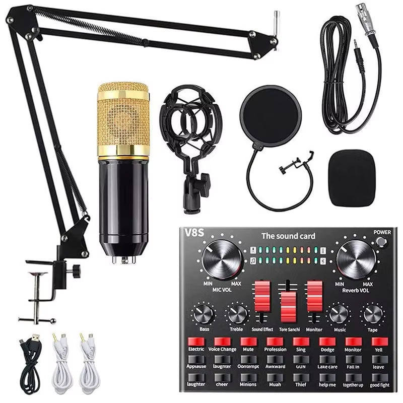 BM800 Xlr Microphone V8S Live Sound Card Podcast Condenser Microfone Para PC Professional Studio Record Equipment Kit Soundcard