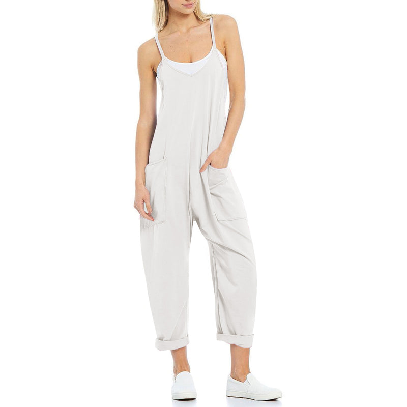 Pantalon en tricot une pièce à bretelles spaghetti de poche pour femme