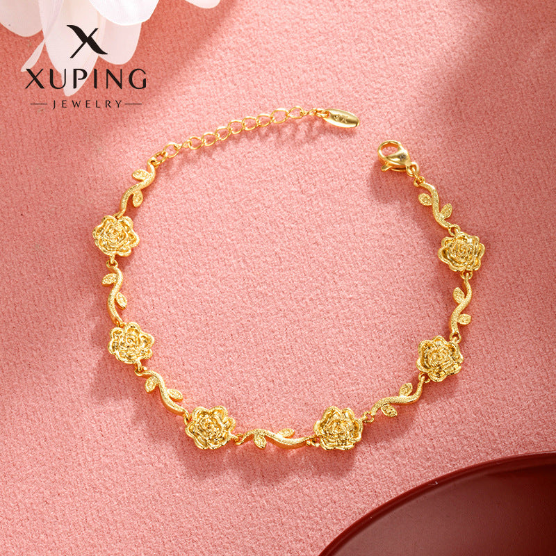 Bracelet en alliage de cuivre plaqué or avec branche de fleur givrée et rose romantique avancé