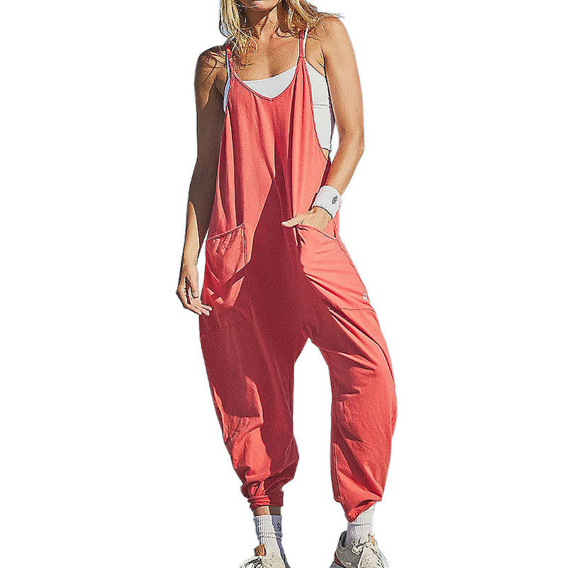 Combinaison d'été ample sans manches pour femmes, bretelles spaghetti, pantalon long, combinaison avec poches et fermeture éclair