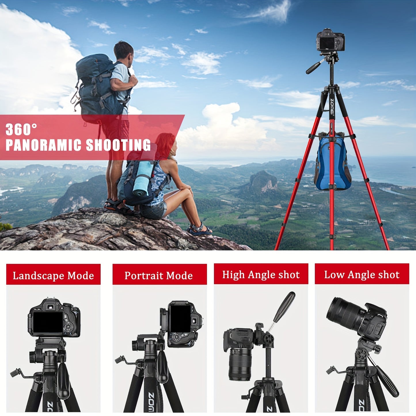 Trépied ZOMEI RED Q188 – Stabilité Pro, Polyvalence Totale pour Canon Nikon, Trépied pour Téléphone 74" Trépied Léger pour Appareil Photo Reflex Numérique avec Tête Amovible