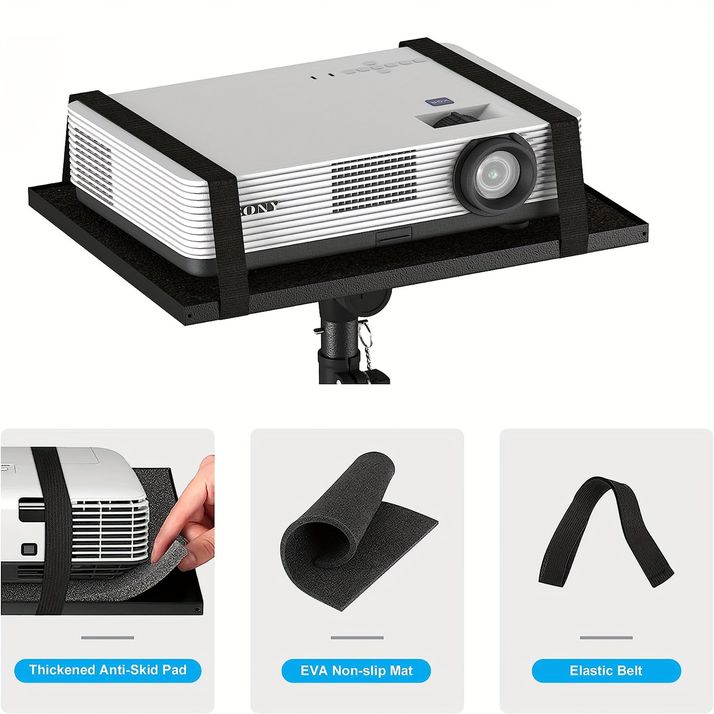 Trépied de projecteur réglable en hauteur (23,5" à 46,5") avec col de cygne et support pour téléphone et ordinateur portable.