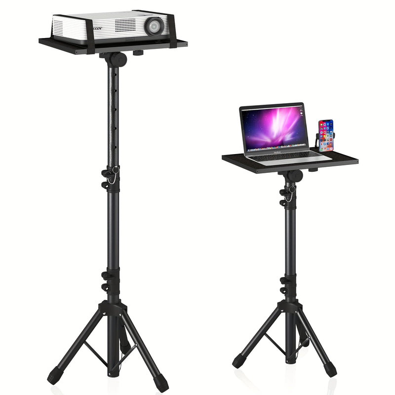 Trépied de projecteur réglable en hauteur (23,5" à 46,5") avec col de cygne et support pour téléphone et ordinateur portable.