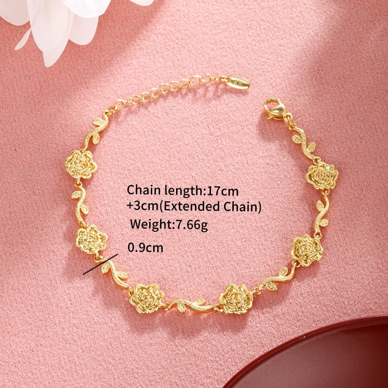 Bracelet en alliage de cuivre plaqué or avec branche de fleur givrée et rose romantique avancé