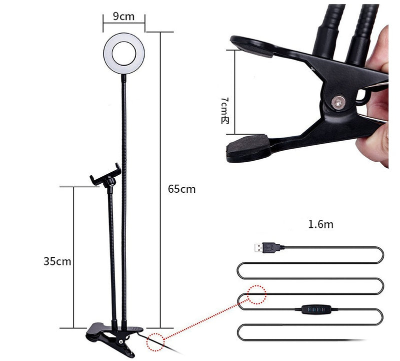 Anneau lumineux LED pour selfie, éclairage de maquillage réglable en direct, support de 8 cm
