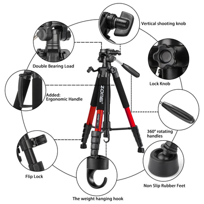 Trépied ZOMEI RED Q188 – Stabilité Pro, Polyvalence Totale pour Canon Nikon, Trépied pour Téléphone 74" Trépied Léger pour Appareil Photo Reflex Numérique avec Tête Amovible