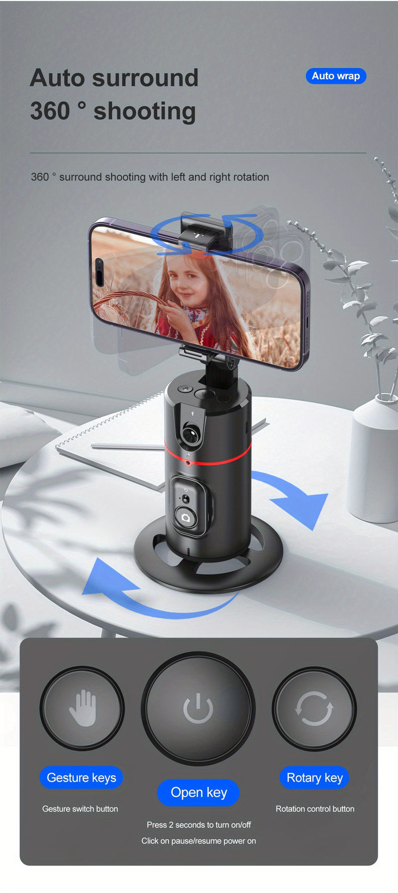 Trépied Auto Face Tracking – Votre Caméraman Personnel Support de caméra de téléphone 100 % intelligent, rotation à 360 °, support de suivi de téléphone intelligent avec contrôle gestuel à distance pour vlog, streaming, vidéo