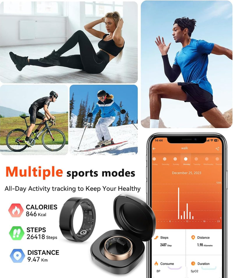 2025 Upgrade Smart Ring Health Tracker for Men Women - IP68 Waterproof Fitness Ring with Sleep Tracker/Heart Rate/Blood Oxygen/Steps/Distance/Calories,Air Shutter,Charging Case up to 7-Day, Silver