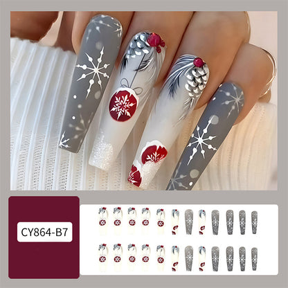 Lot de 24 faux ongles de Noël avec chapeau rayé et flocon de neige, autocollants pour nail art, pour fêtes, danses ou tenues de vacances