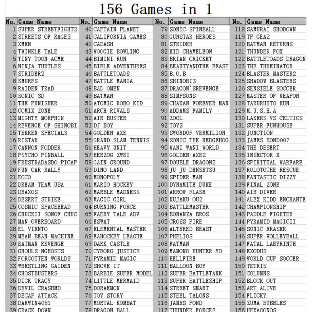 156 jeux pour console de jeu rétro Sega Megadrive Mini Arcade