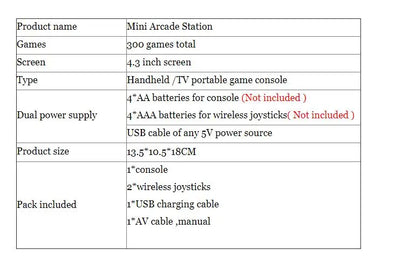 Mini console de jeu portable sans fil rétro classique TFT 4,3 pouces, micro-arcade, 300 jeux intégrés, sortie TV