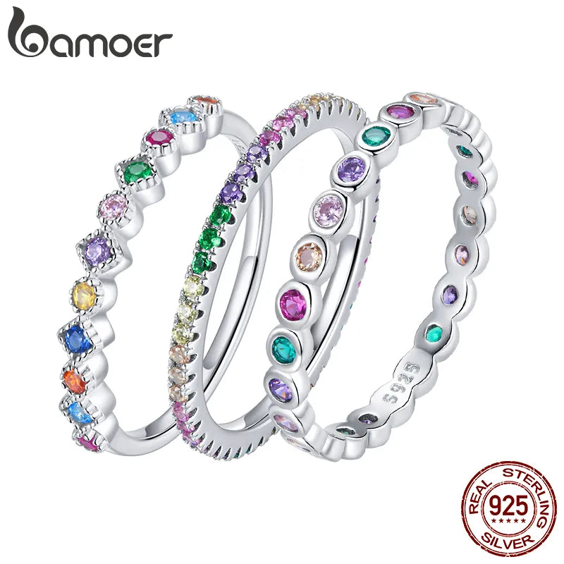 Bague Bamoer en argent sterling 925 et zircons multicolores pour femme