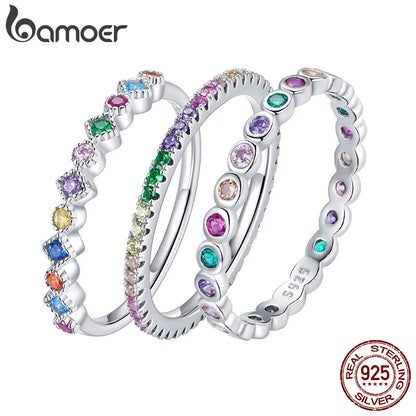 Bague Bamoer en argent sterling 925 et zircons multicolores pour femme