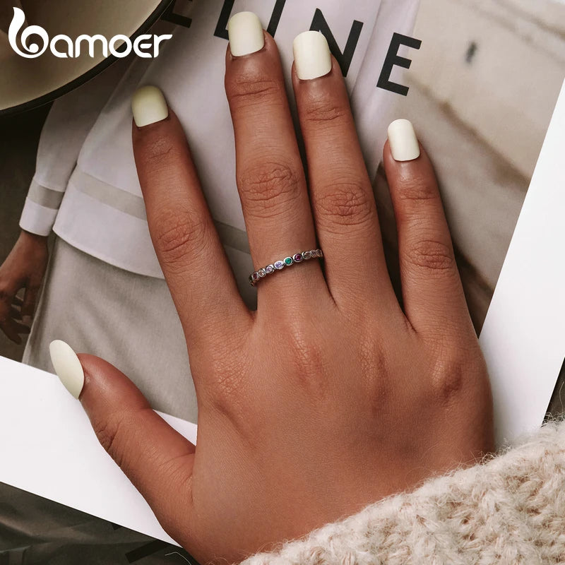 Bague Bamoer en argent sterling 925 et zircons multicolores pour femme