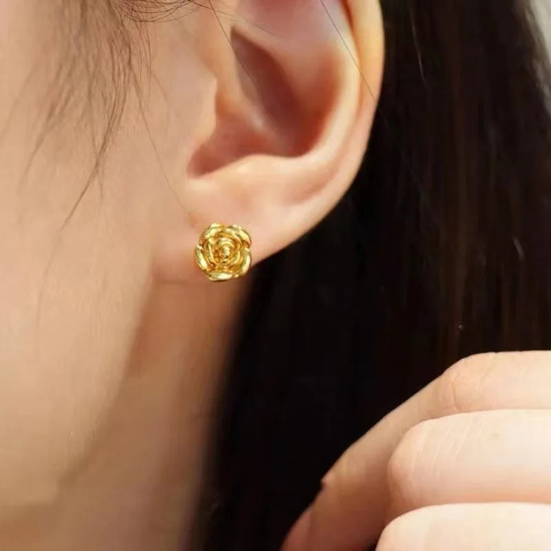 Boucles d'oreilles Smile en or véritable 18 carats avec rose, boucles d'oreilles en or 750, motif fleur 3D, bijoux fins pour femmes, cadeau de Saint-Valentin, E180