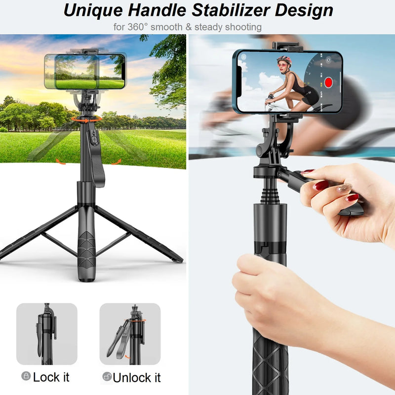 Trépied de téléphone perché à Selfie avec télécommande, support de trépied extensible de 60 pouces pour appareil photo iPhone Android Trépied aérien rotatif à 360°