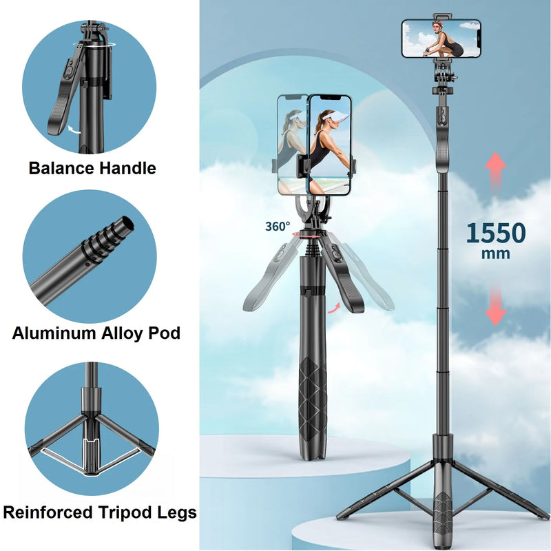 Trépied de téléphone perché à Selfie avec télécommande, support de trépied extensible de 60 pouces pour appareil photo iPhone Android Trépied aérien rotatif à 360°