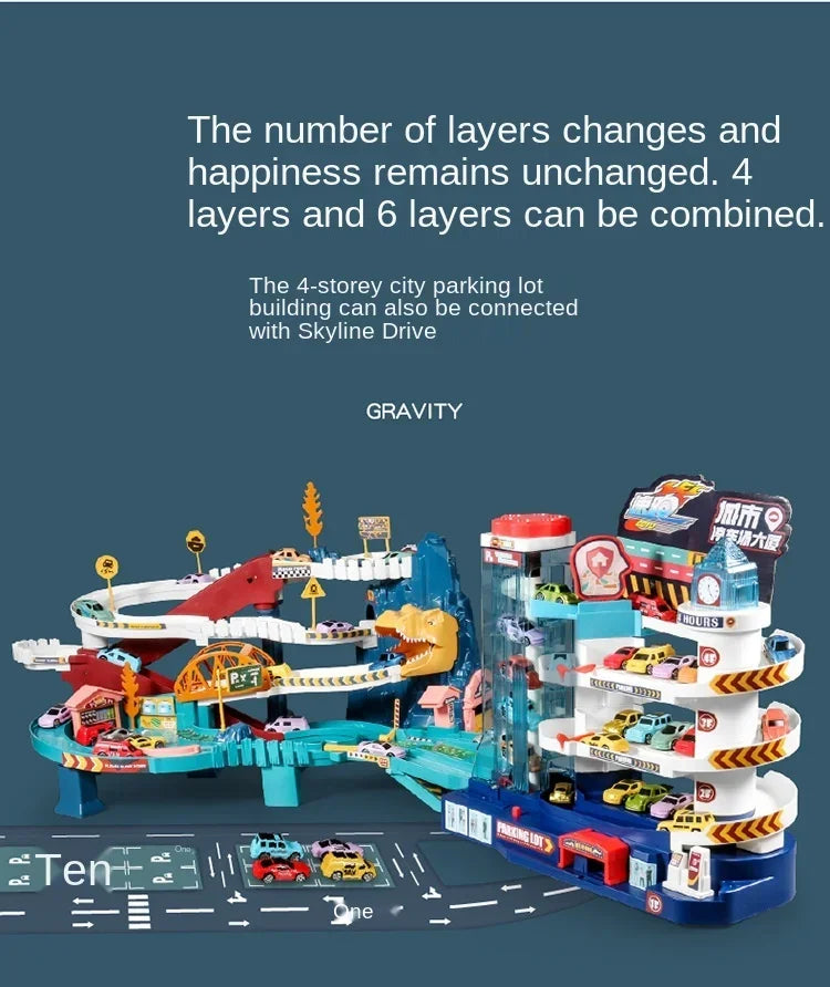 Voiture électrique sur rail, dinosaure, bâtiment, parking, aventure, course, jouets pour enfants, cerveau, mécanique, voitures interactives sur rail