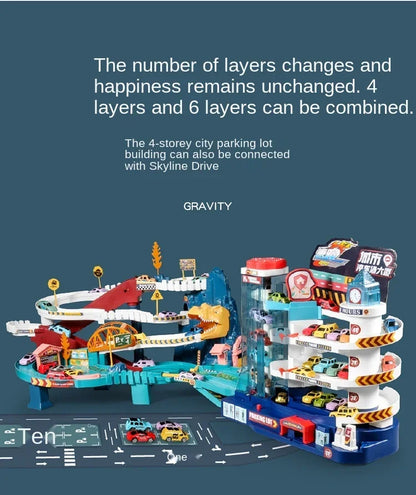 Voiture électrique sur rail, dinosaure, bâtiment, parking, aventure, course, jouets pour enfants, cerveau, mécanique, voitures interactives sur rail