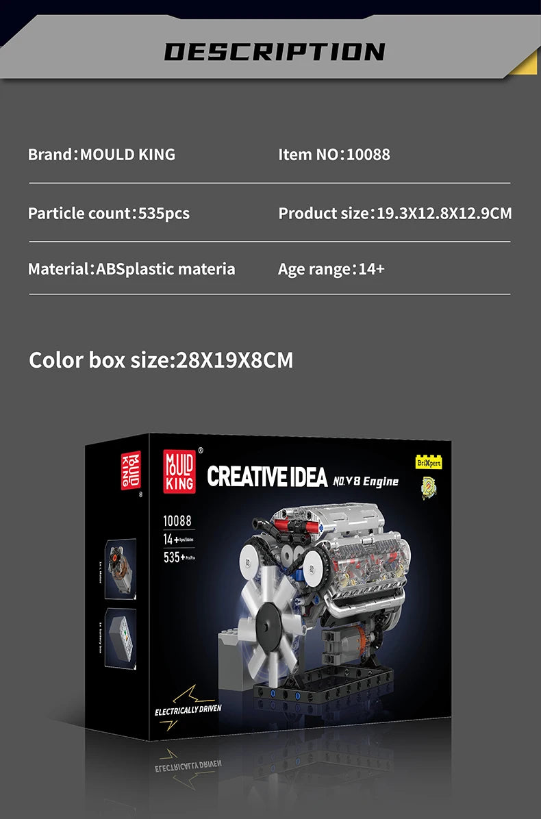 Mould King 10088 Bloc de construction de voiture technique Le modèle de moteur V8 motorisé Brique Assemblage Voiture Brique Jouets Enfants Cadeau de Noël