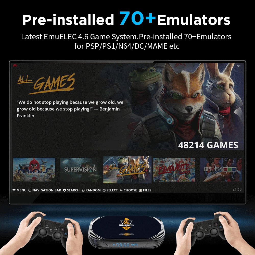 Console de jeux vidéo rétro Amlogic S905X4 pour Sega Saturn/PS1/PSP/N64/DC/MAME avec plus de 48 000 jeux et plus de 70 émulateurs.