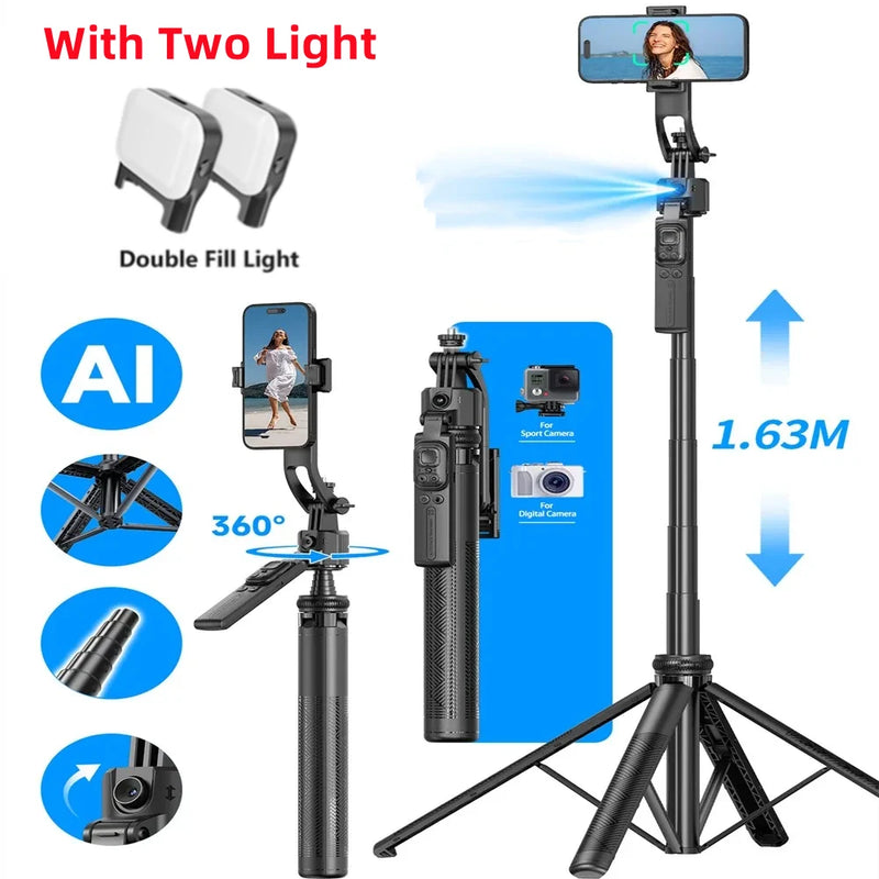 COOL DIER Trépied de prise de vue à rotation automatique, monopode C17, suivi AI, obturateur Bluetooth, lumière d'appoint pour support de téléphone, perche à selfie sans fil, 360°