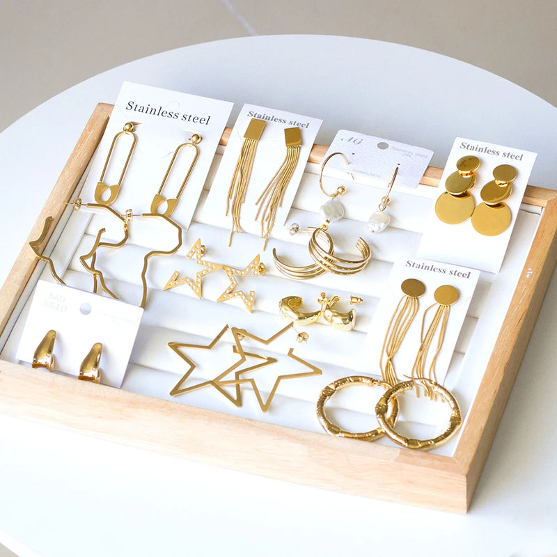 Boucles d'oreilles pendantes en acier inoxydable poli de luxe, rondes, carrées, en forme d'étoile, pour femmes et filles, classiques, à pompon