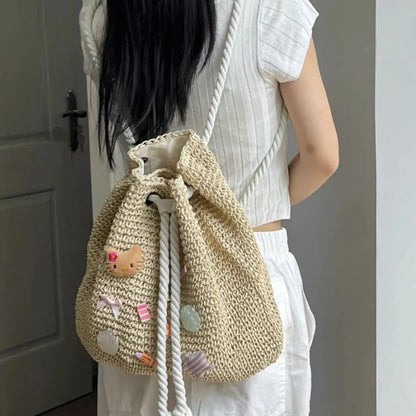 Sac à dos de plage Sanrio Hello Kitty, mignon, tissé à la main, grande capacité, en paille, style bohème, pour les vacances, les voyages, pour fille, cadeau d'anniversaire