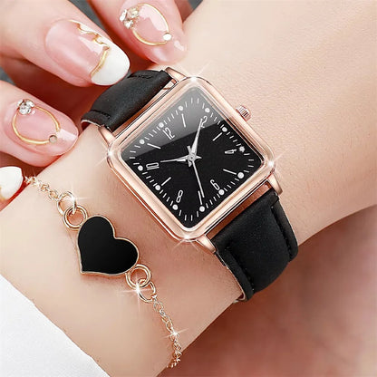 2 pièces/ensemble mode carré montre pour femme Bracelet en cuir montres à Quartz coeur Bracelet ensemble