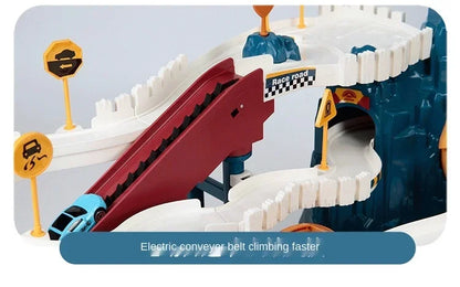 Voiture électrique sur rail, dinosaure, bâtiment, parking, aventure, course, jouets pour enfants, cerveau, mécanique, voitures interactives sur rail