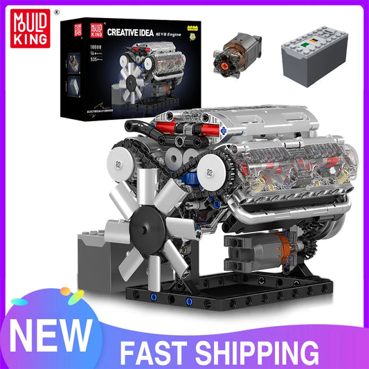 Mould King 10088 Bloc de construction de voiture technique Le modèle de moteur V8 motorisé Brique Assemblage Voiture Brique Jouets Enfants Cadeau de Noël
