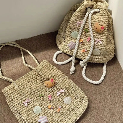 Sac à dos de plage Sanrio Hello Kitty, mignon, tissé à la main, grande capacité, en paille, style bohème, pour les vacances, les voyages, pour fille, cadeau d'anniversaire