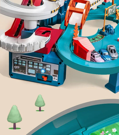 Voiture électrique sur rail, dinosaure, bâtiment, parking, aventure, course, jouets pour enfants, cerveau, mécanique, voitures interactives sur rail