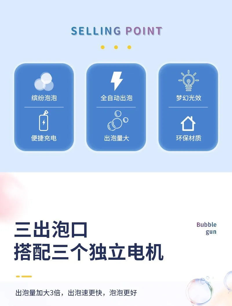 Pistolet à bulles automatique arc-en-ciel pour enfants, machine à bulles musicale et lumineuse, fournitures de fête pour cadeau d'anniversaire