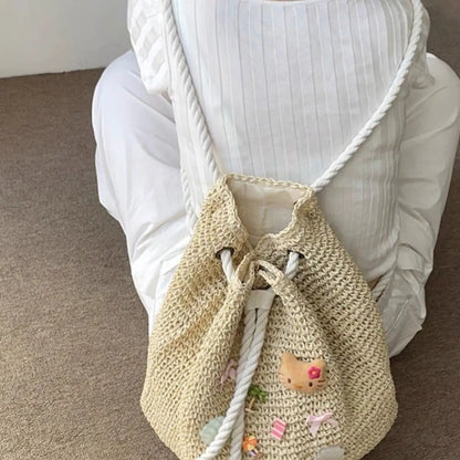 Sac à dos de plage Sanrio Hello Kitty, mignon, tissé à la main, grande capacité, en paille, style bohème, pour les vacances, les voyages, pour fille, cadeau d'anniversaire